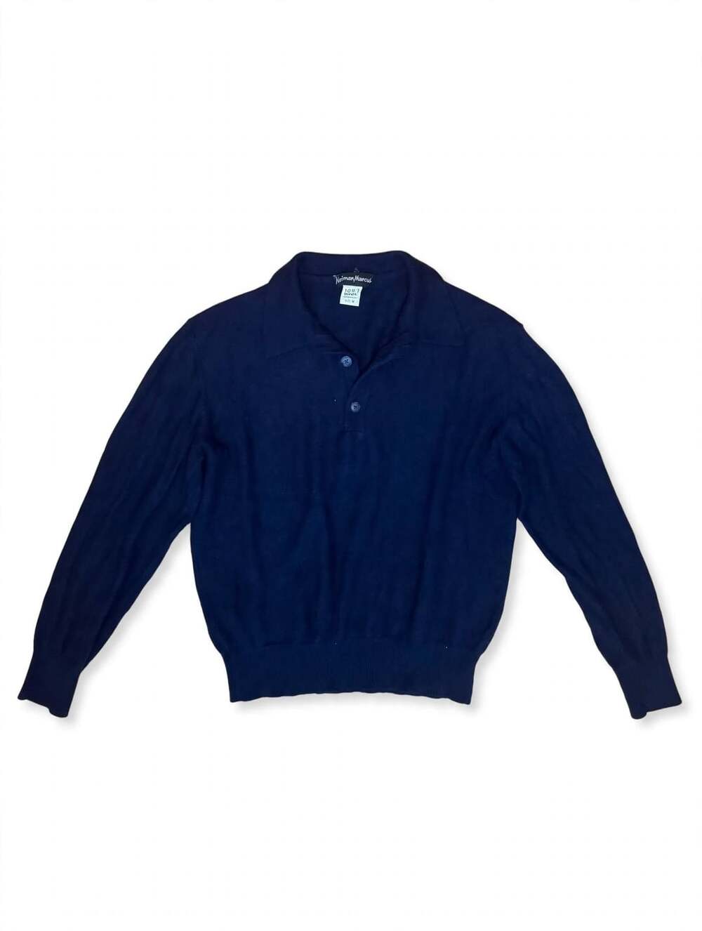 Neiman Marcus Vintage 100% Wool Long Sleeve Polo Sweater Navy Blue Size M
